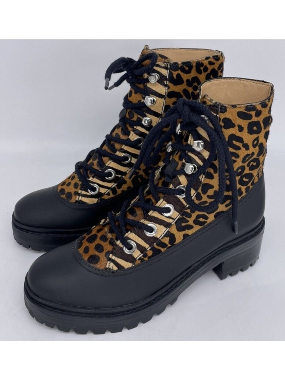 SCHUTZ Mafalda Leopard Print Calf Hair Black Leather Lace Up Boots Size 5 B